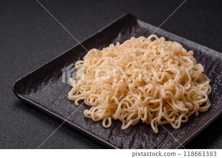 Rice noodles with mushrooms, vegetables, spices and herbs Rice noodles with mushrooms, vegetables, spices and herbs 118661383