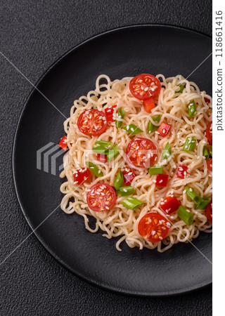 Rice noodles with mushrooms, vegetables, spices and herbs Rice noodles with mushrooms, vegetables, spices and herbs 118661416