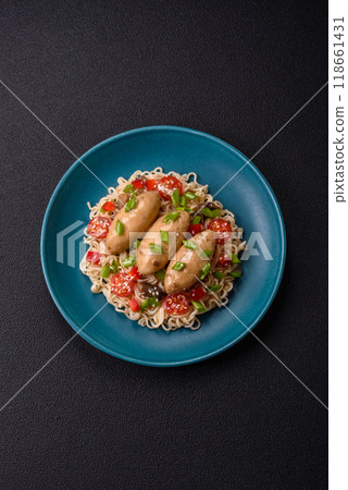 Fish or meat quenelles with vegetables, salt and spices in mushroom sauce Fish or meat quenelles with vegetables, salt and spices in mushroom sauce 118661431
