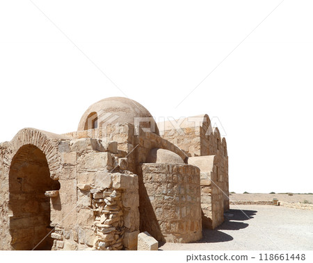 Quseir (Qasr) Amra desert castle (on white background) near Amman, Jordan. World heritage with famous fresco's. Built in 8th century, of early Islamic art and architecture 118661448
