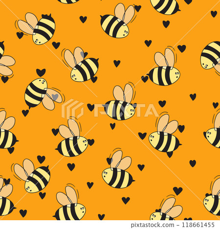 Seamless pattern with bees on color background. Small wasp. Vector illustration. Adorable cartoon character. Template design for invitation, cards, textile, fabric. Doodle style 118661455