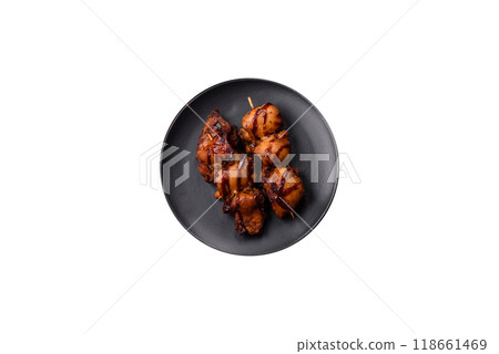 Grilled chicken or turkey shish kebab with salt, spices and herbs 118661469