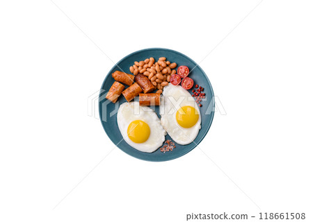 Full English breakfast with boiled eggs, beans, sausages, tomatoes Full English breakfast with boiled eggs, beans, sausages, tomatoes 118661508