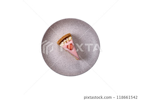 Sweet cheesecake with mascarpone or Philadelphia cheese, jelly and strawberries 118661542