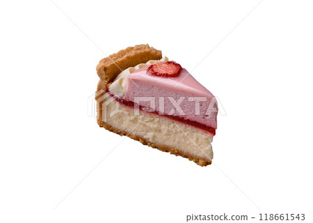 Sweet cheesecake with mascarpone or Philadelphia cheese, jelly and strawberries Sweet cheesecake with mascarpone or Philadelphia cheese, jelly and strawberries 118661543