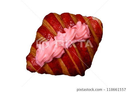 Crispy fresh red croissant with cream and strawberries 118661557