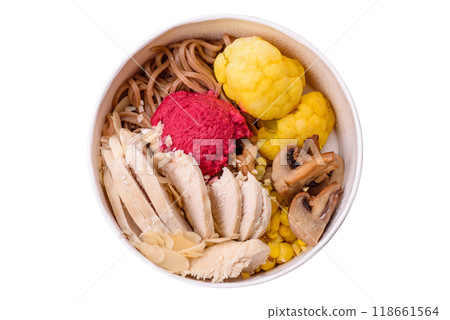 Asian dish with sliced chicken fillet, buckwheat noodles, soy sauce Asian dish with sliced chicken fillet, buckwheat noodles, soy sauce 118661564