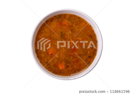 Delicious hot tomato soup with vegetables, vegan, vegetarian food Delicious hot tomato soup with vegetables, vegan, vegetarian food 118661596