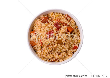 Delicious hot boiled wheat porridge couscous with vegetables 118661597