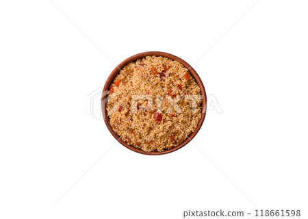 Delicious hot boiled wheat porridge couscous with vegetables 118661598