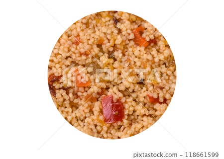 Delicious hot boiled wheat porridge couscous with vegetables Delicious hot boiled wheat porridge couscous with vegetables 118661599