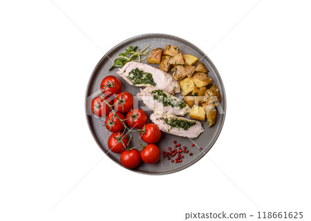Chicken roulade with spinach, cheese, spices, salt and herbs Chicken roulade with spinach, cheese, spices, salt and herbs 118661625