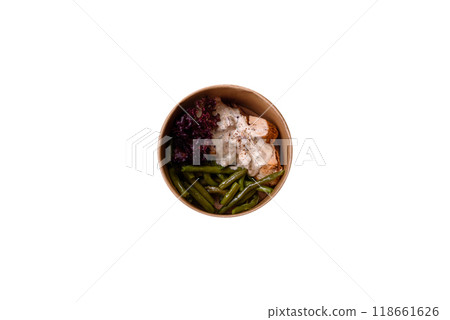 Asian food baked chicken breast with green beans, sesame seeds and sauce 118661626