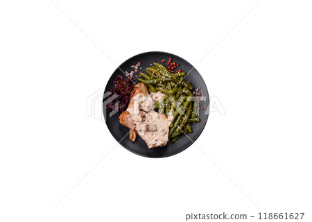Asian food baked chicken breast with green beans, sesame seeds and sauce 118661627
