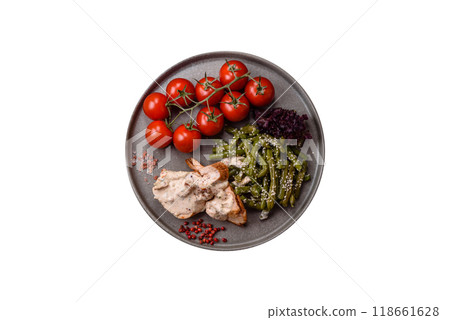 Asian food baked chicken breast with green beans, sesame seeds and sauce 118661628