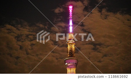 晴空塔和夜空中漂浮的月亮 晴空塔和夜空中漂浮的月亮 118661692