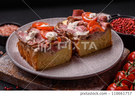 Sandwich with brioche bun, roast beef, tomatoes, stracciatello 118661757