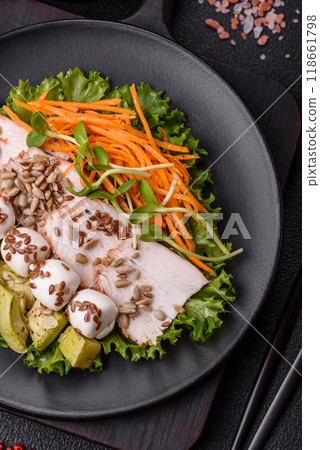 Delicious diet salad with turkey or chicken slices, lettuce, carrots, mozzarella 118661798