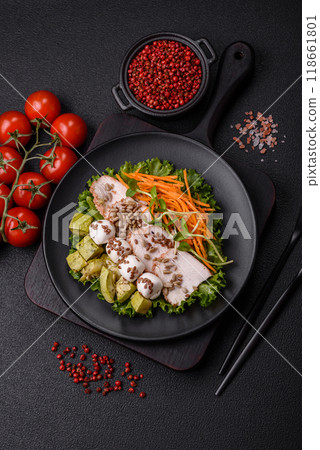 Delicious diet salad with turkey or chicken slices, lettuce, carrots, mozzarella Delicious diet salad with turkey or chicken slices, lettuce, carrots, mozzarella 118661801
