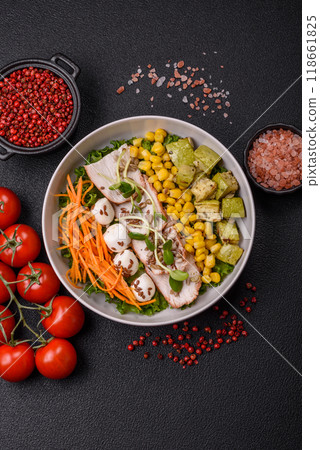 Delicious diet salad with turkey or chicken slices, lettuce, carrots, mozzarella 118661825