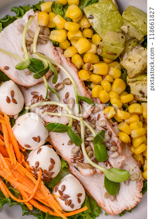 Delicious diet salad with turkey or chicken slices, lettuce, carrots, mozzarella Delicious diet salad with turkey or chicken slices, lettuce, carrots, mozzarella 118661827