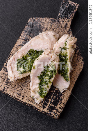 Chicken roulade with spinach, cheese, spices, salt and herbs 118661842