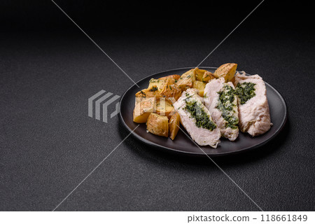 Chicken roulade with spinach, cheese, spices, salt and herbs 118661849
