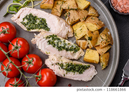 Chicken roulade with spinach, cheese, spices, salt and herbs Chicken roulade with spinach, cheese, spices, salt and herbs 118661866