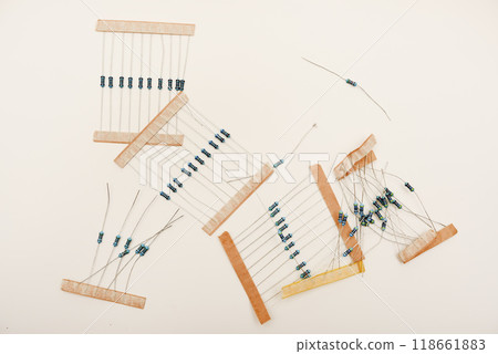 Electronic components. Film resistors on a white background. Electronic components. Film resistors on a white background. 118661883