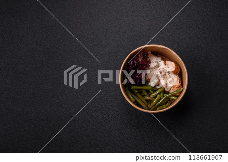 Asian food baked chicken breast with green beans, sesame seeds and sauce Asian food baked chicken breast with green beans, sesame seeds and sauce 118661907