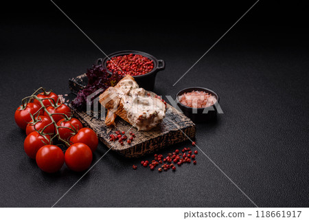 Asian food baked chicken breast with green beans, sesame seeds and sauce Asian food baked chicken breast with green beans, sesame seeds and sauce 118661917