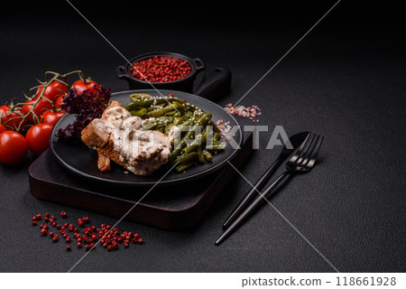 Asian food baked chicken breast with green beans, sesame seeds and sauce 118661928