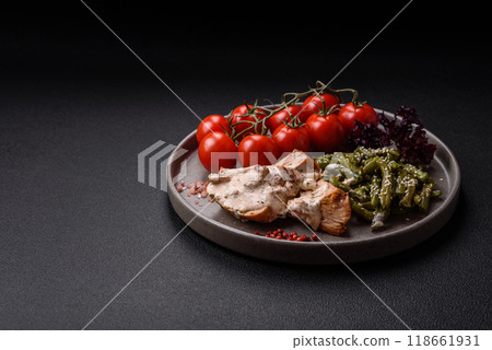 Asian food baked chicken breast with green beans, sesame seeds and sauce Asian food baked chicken breast with green beans, sesame seeds and sauce 118661931
