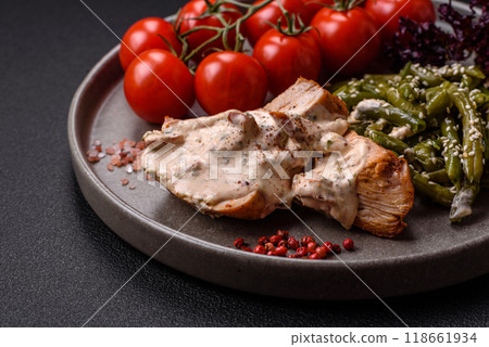 Asian food baked chicken breast with green beans, sesame seeds and sauce 118661934