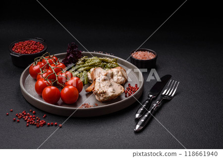 Asian food baked chicken breast with green beans, sesame seeds and sauce Asian food baked chicken breast with green beans, sesame seeds and sauce 118661940