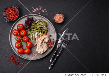 Asian food baked chicken breast with green beans, sesame seeds and sauce Asian food baked chicken breast with green beans, sesame seeds and sauce 118661941