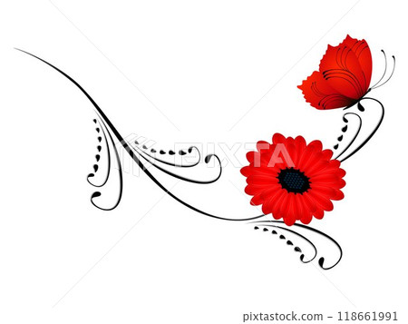 Black branch with a red flower and a butterfly. 118661991