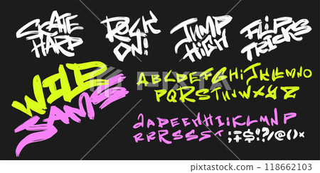 Youthful font with skater quotes. Grungy brush alphabet typo set made by real brush grunge style. Isolated vector letters 118662103