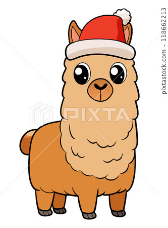 Christmas alpaca with red Santa hat, Winter holiday greetings from lama 118662213
