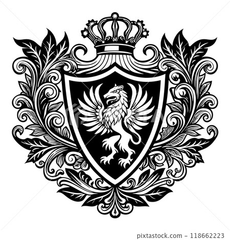 Heraldic shield with royal floral ornament. Vintage crest sign or coat of arms 118662223