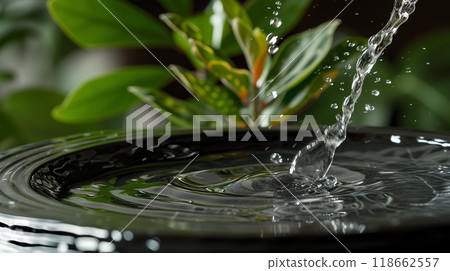 Water droplet creating ripples in a tranquil basin. 118662557