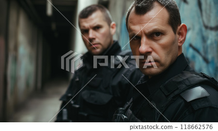 Two serious security officers standing alert. Two serious security officers standing alert. 118662576