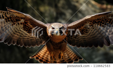 Falcon in flight approaching with intense gaze. 118662583