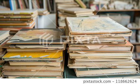 Stacks of old books and folders on a desk. 118662624