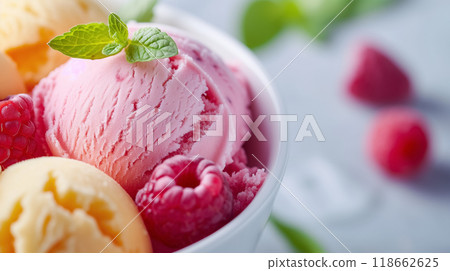 Scoops of raspberry and peach ice cream. Scoops of raspberry and peach ice cream. 118662625