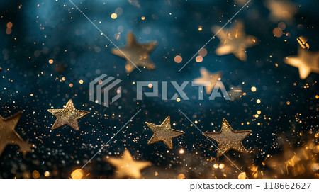 Glittering golden stars on a shimmering background. Glittering golden stars on a shimmering background. 118662627