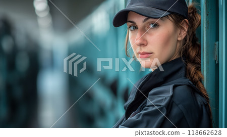 Woman in cap leaning against locker. Woman in cap leaning against locker. 118662628