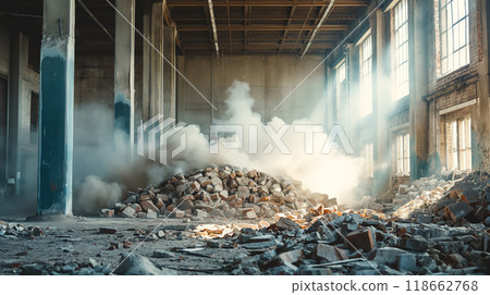 Demolished building with dust clouds. 118662768