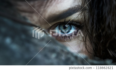Intense eye peeking through a darkened gap. 118662821