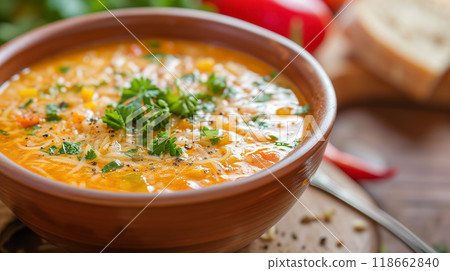 Hearty vegetable soup in a terracotta bowl. 118662840